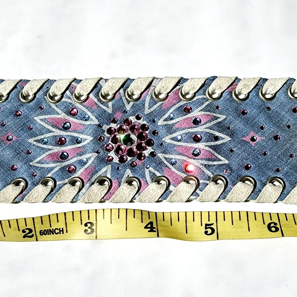 OOAK Textile blue, hot pink rhinestone and suede band snap button bracelet,
